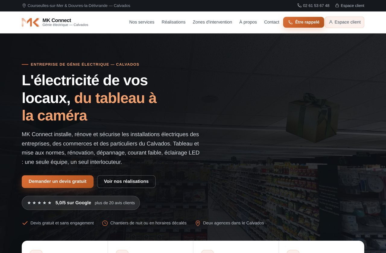 Le site mk-connect.fr aujourd'hui : titre « L'électricité de vos locaux, du tableau à la caméra », bouton de devis, note Google et trois repères de confiance.
