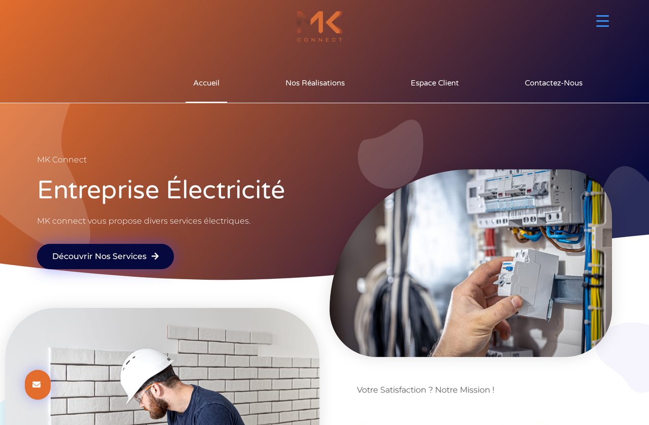 L'ancien site WordPress de MK Connect : dégradé orange et violet, titre « Entreprise Électricité » et une seule phrase de présentation.