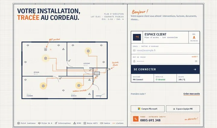 Proposition &laquo;&nbsp;Le plan d'électricien&nbsp;&raquo; pour la page de connexion de l'espace client.