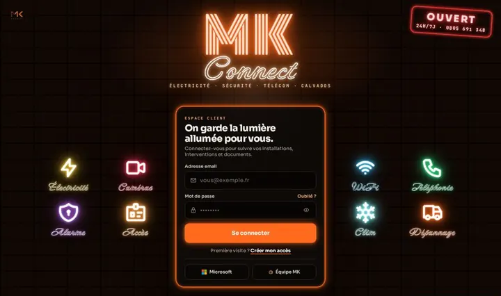 Proposition &laquo;&nbsp;L'enseigne néon&nbsp;&raquo; pour la page de connexion de l'espace client.